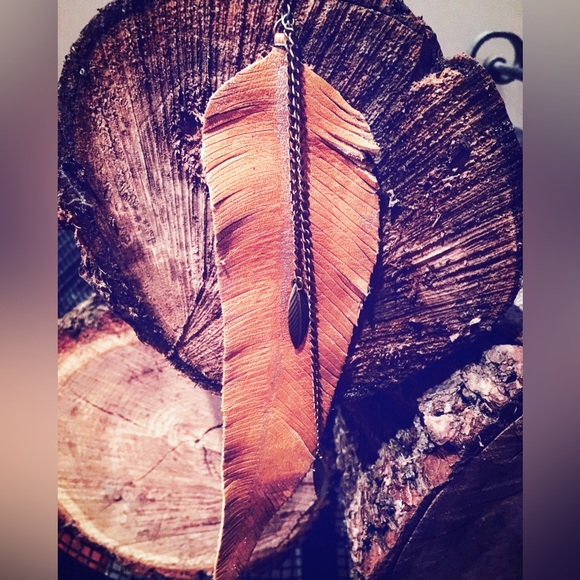 New Handmade Genuine Leather Accent Earring Feather Long Chunky Statement Piece - Picture 1 of 2